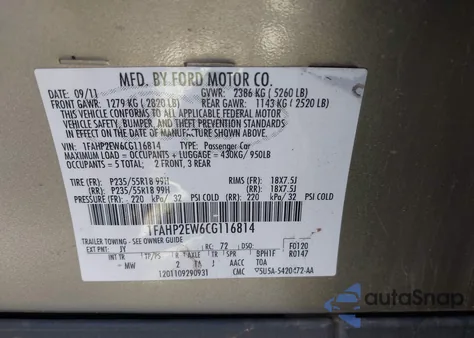 2012 Ford Taurus Sel from USA, damaged, VIN 1FAHP2EW6CG116814